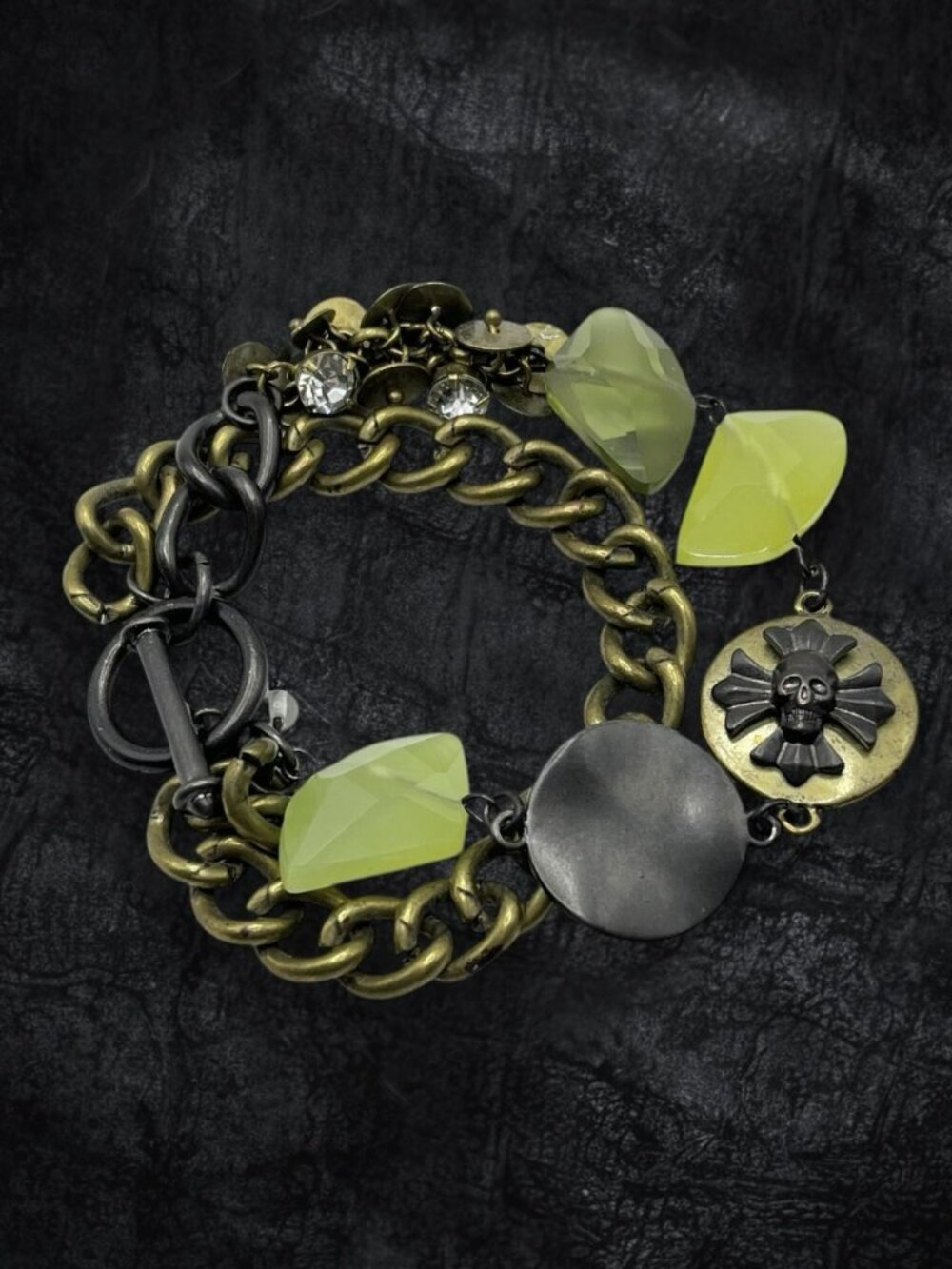 Chunky Chain Linked Skull Coin Charm Bracelet Antiqued Skeleton Punk Grunge Y2K